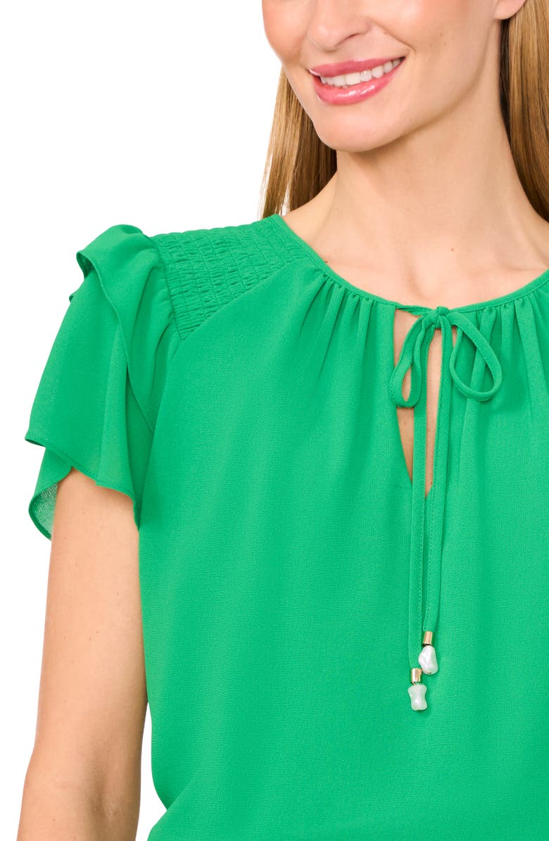 CeCe Tie Neck Flutter Sleeve Top, Alternate, color, Medium Green