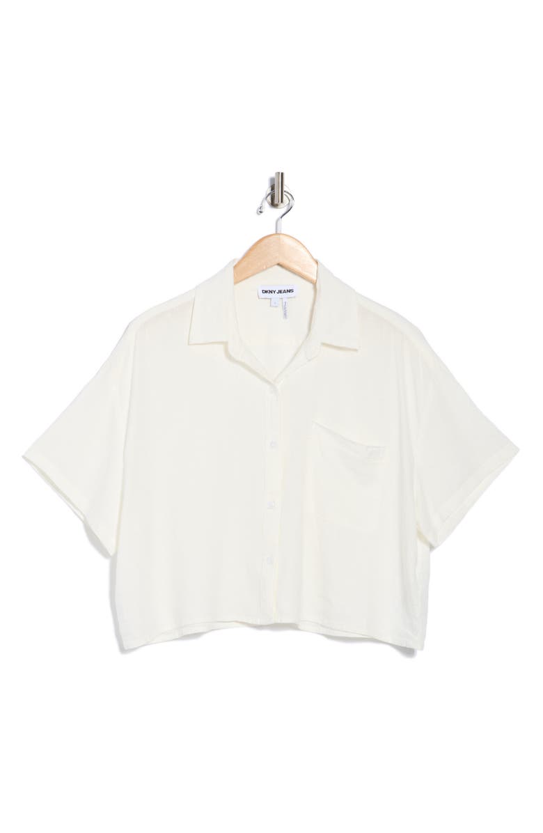 DKNY Jeans Oversize Linen Blend Crop Button-Up Shirt, Alternate, color, Ivory