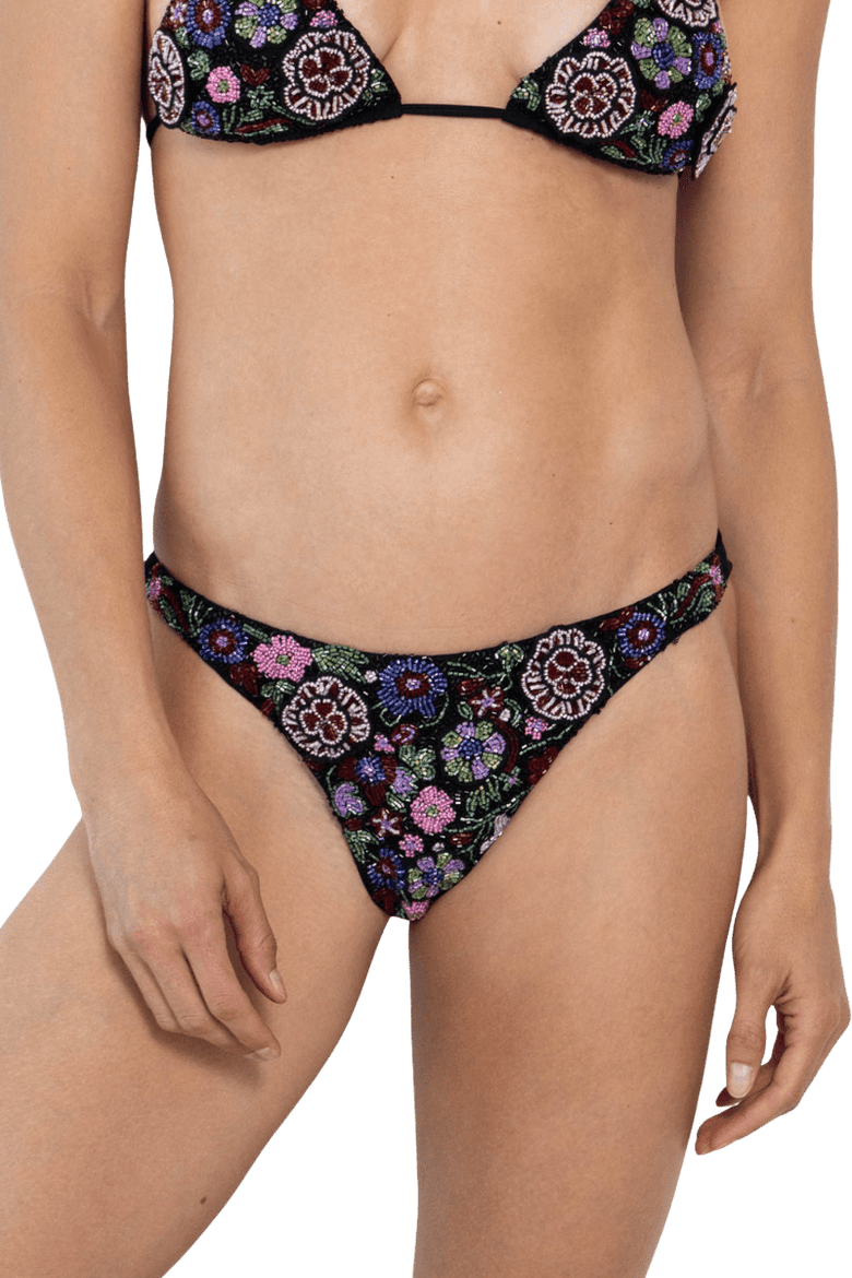 Fleur 3D Hand Beaded Bikini Bottom, Alternate, color, Black
