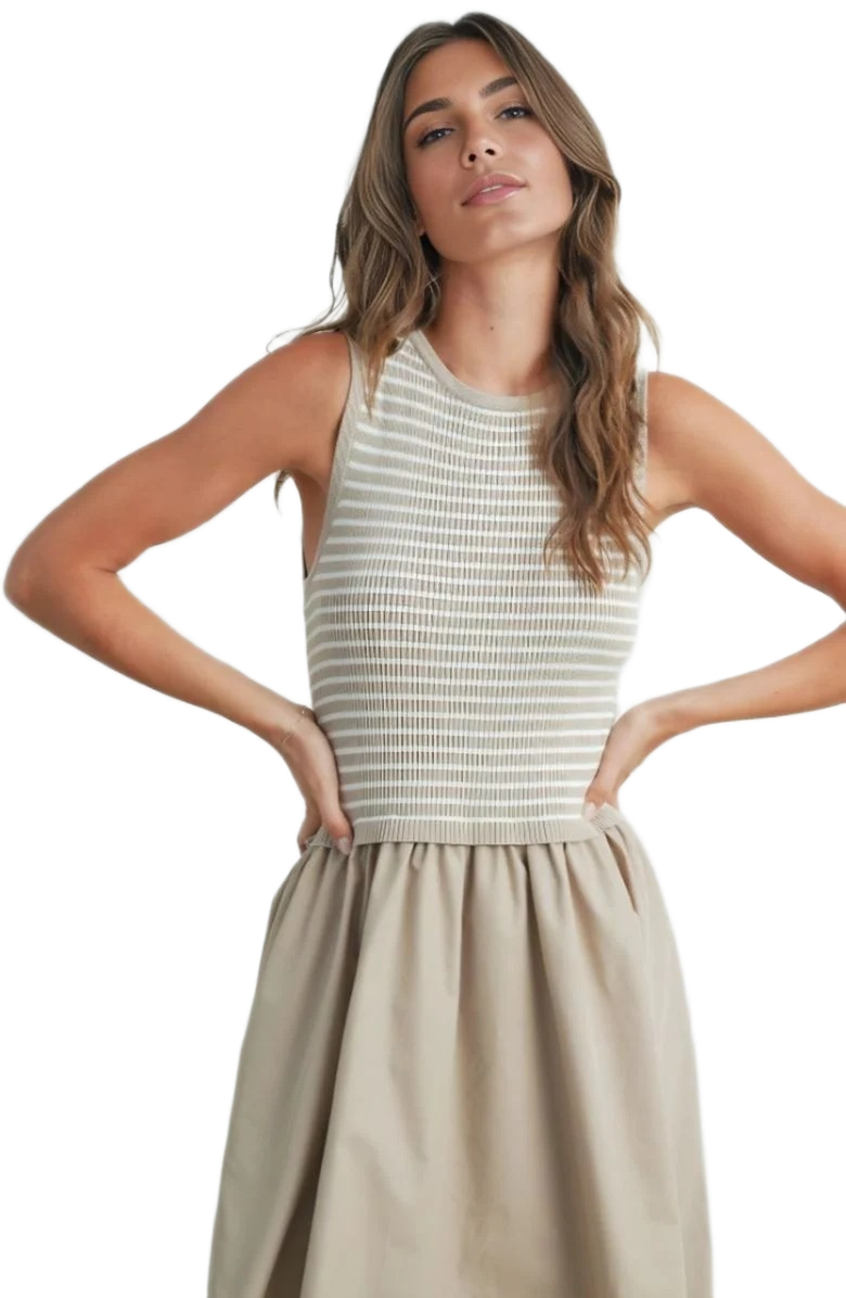 Knit and Lounge Sleeveless Maxi Dress with Textured Knit Bodice, Alternate, color, Beige