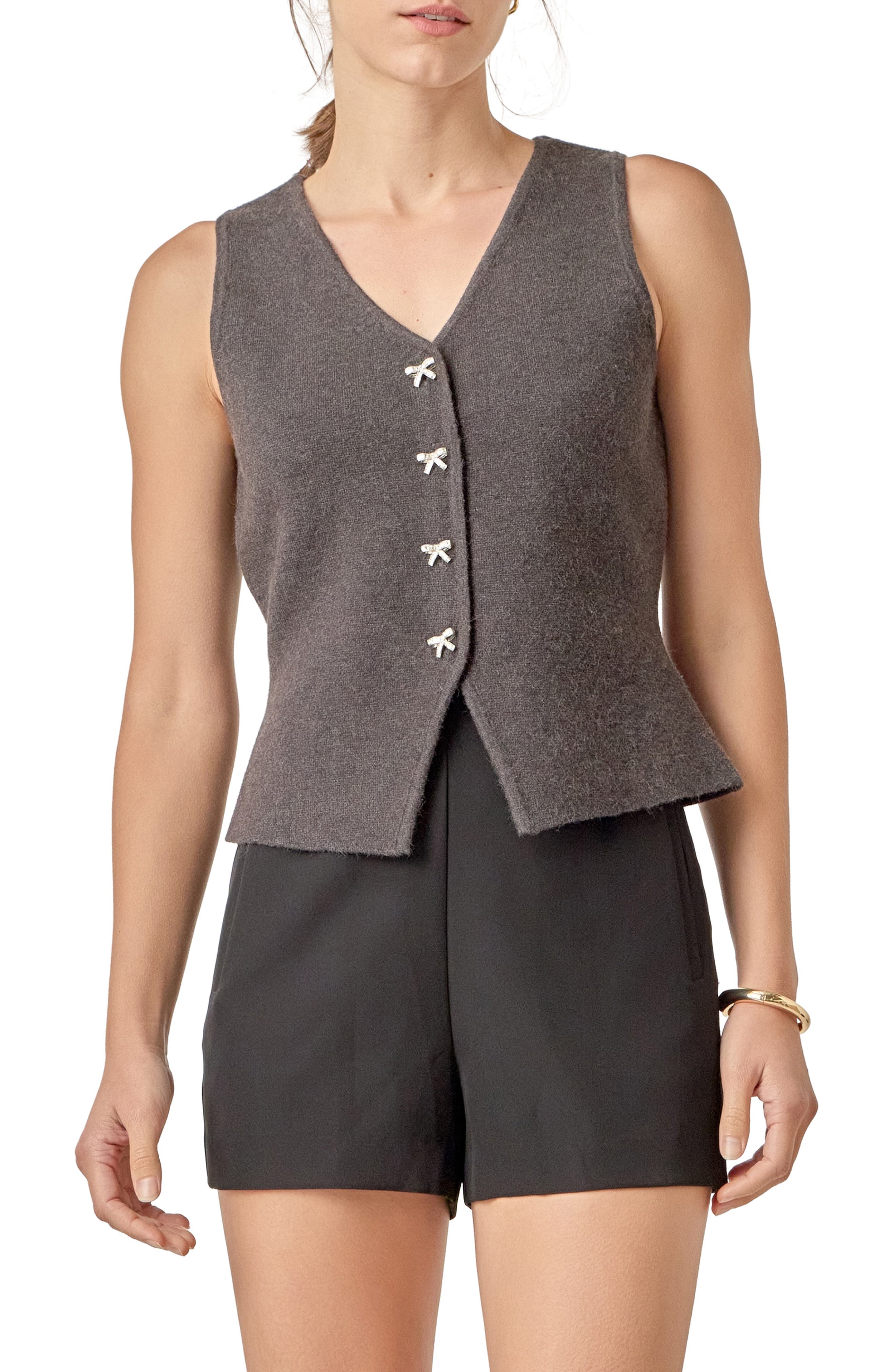 Rhinestone Bow V-Neck Knit Vest