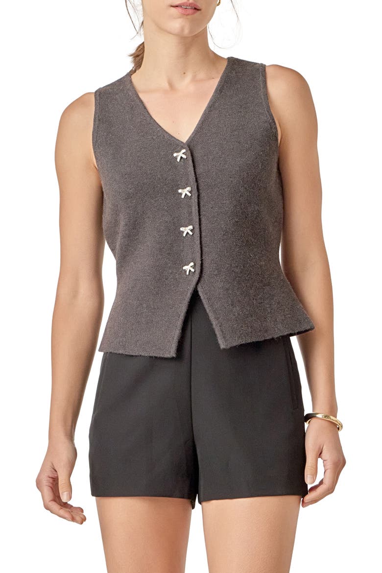 Rhinestone Bow V-Neck Knit Vest, Main, color, CHARCOAL