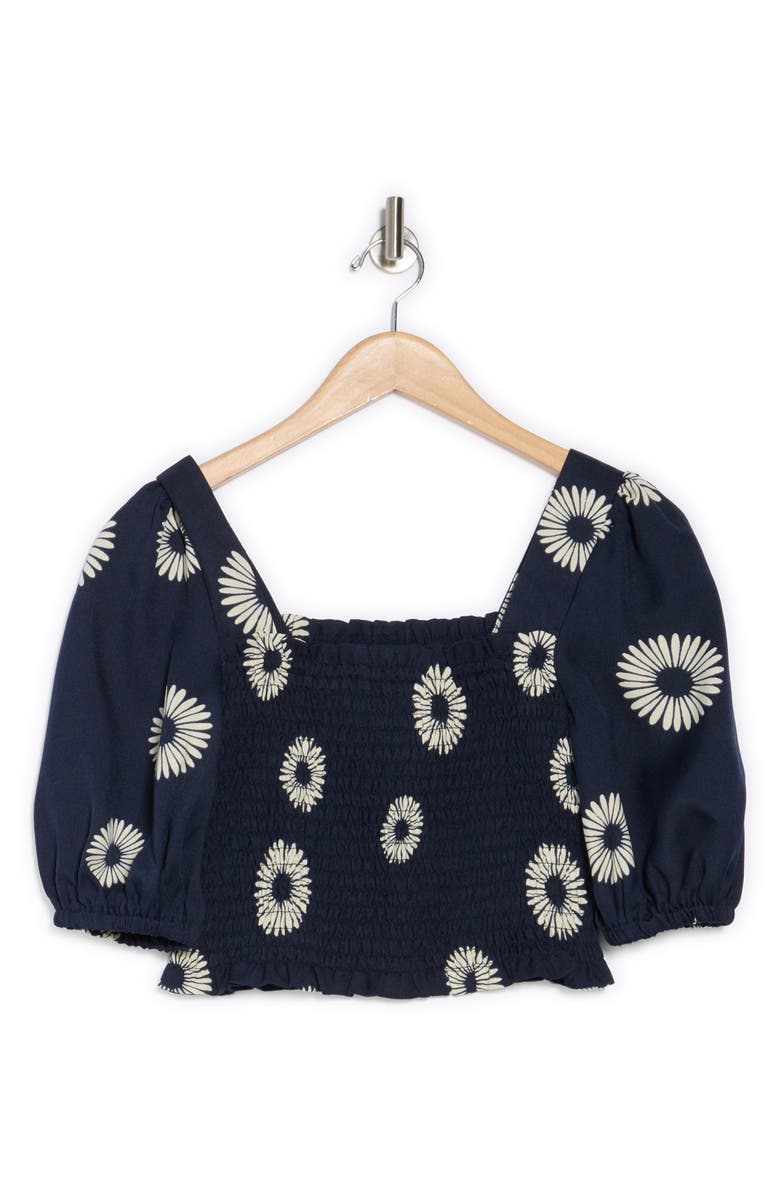 Bobeau Smocked Crop Top, Alternate, color, Navy/ Antq White Daisy