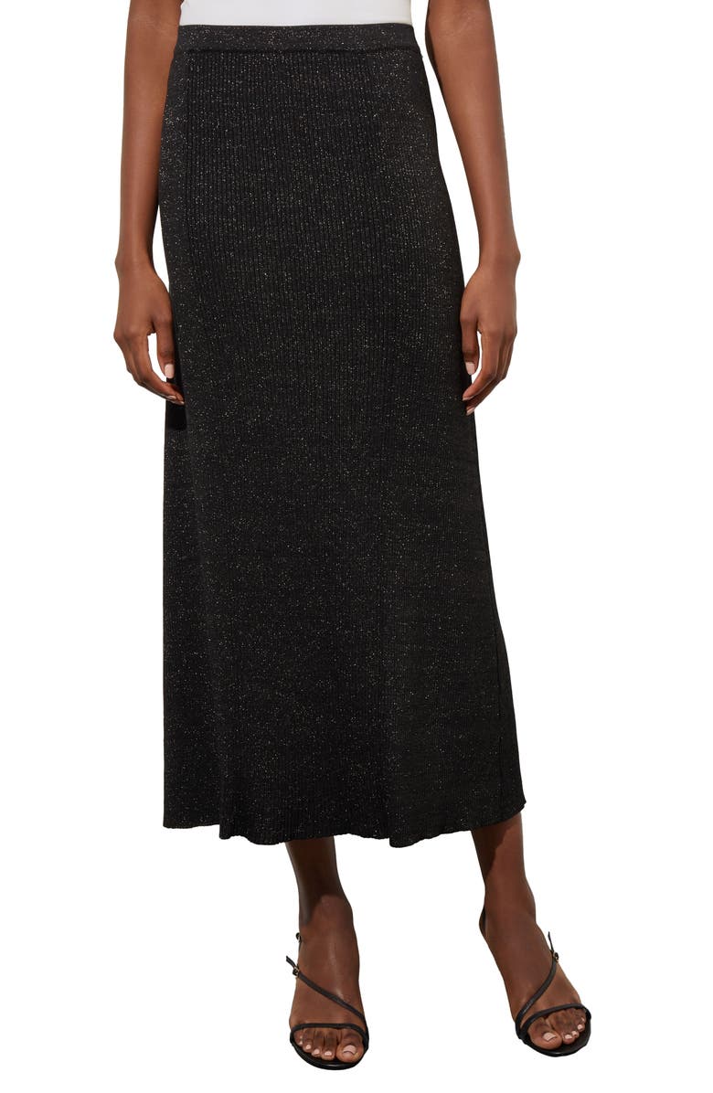 Ming Wang Shimmer Rib Knit Midi Skirt, Main, color, Black/ Silver