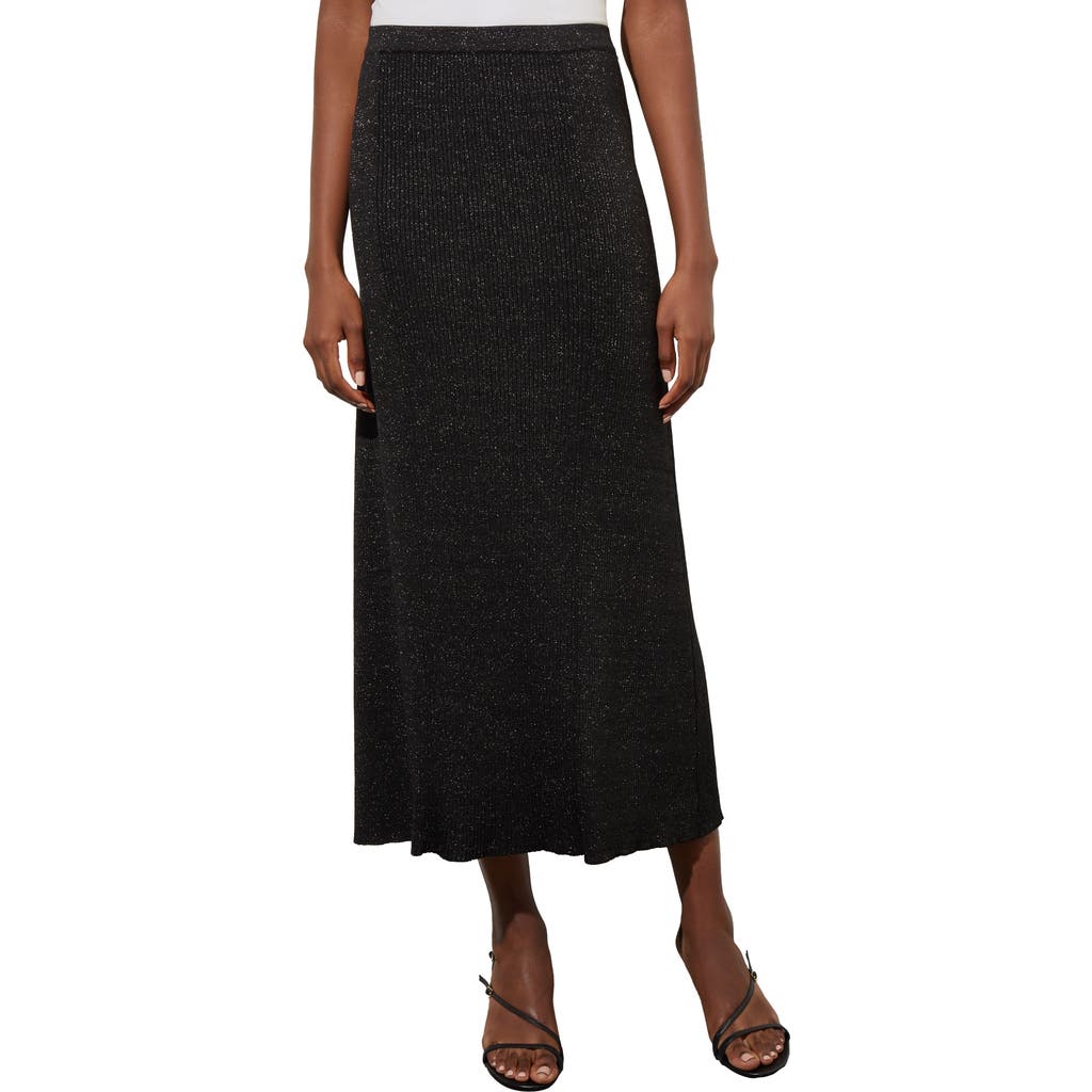 Ming Wang Shimmer Rib Knit Midi Skirt In Black/silver