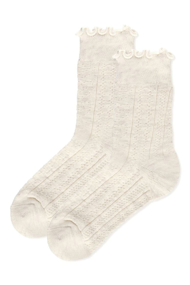 Heart Ruffle Cuff Cotton Blend Pointelle Crew Socks, Main, color, WHITE