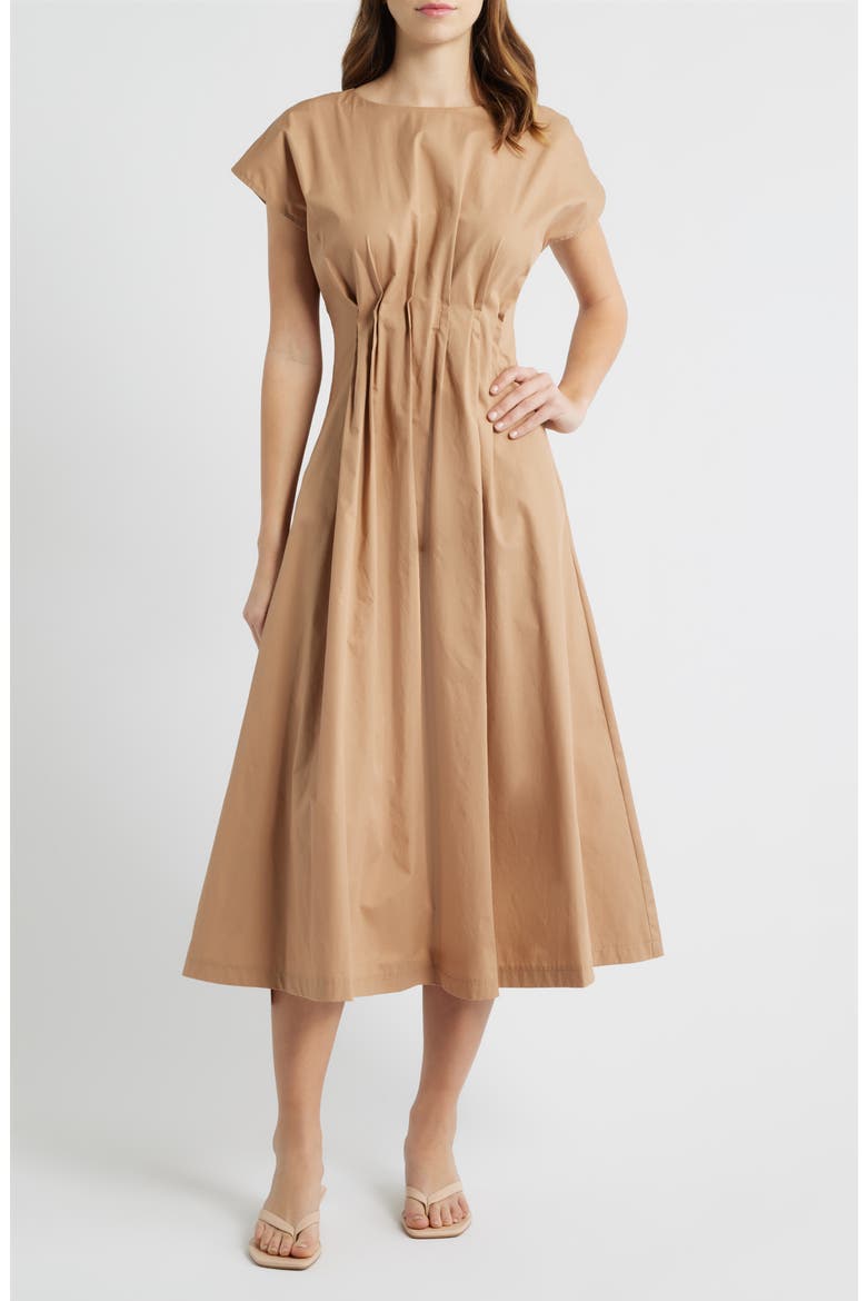 Gathered Waist Cotton Midi Dress, Main, color, SAND