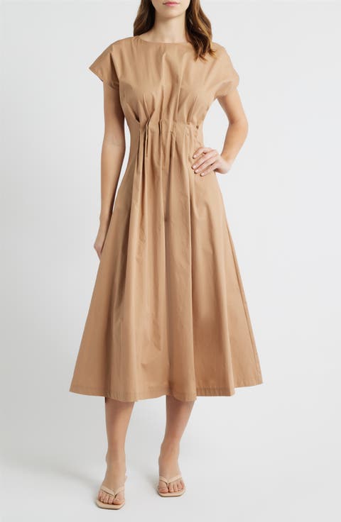 Gathered Waist Cotton Midi Dress
