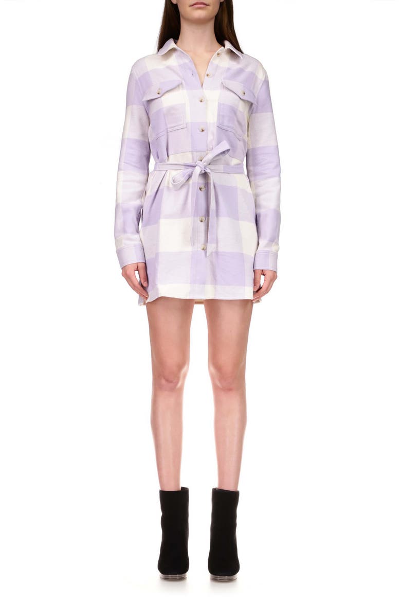 Brushed Plaid Tie Waist Long Sleeve Shirtdress, Main, color, WSTC