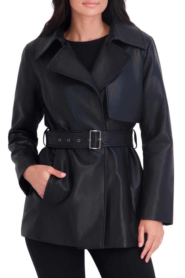 Faux Leather Belted Trench Coat, Main, color, BLACK