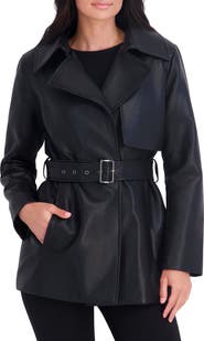 Kenneth Cole Faux Leather Belted Trench Coat