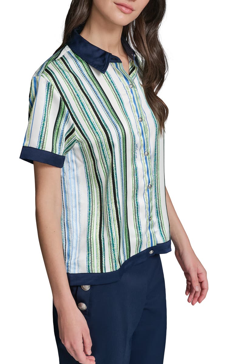 KARL LAGERFELD PARIS Stripe Contrast Trim Button-Up Shirt, Alternate, color, Soft White/ Sky Blue Multi