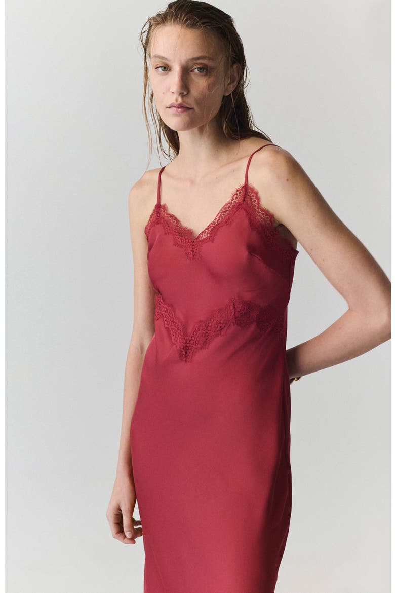 Lace Trim Satin Slipdress, Alternate, color, RED