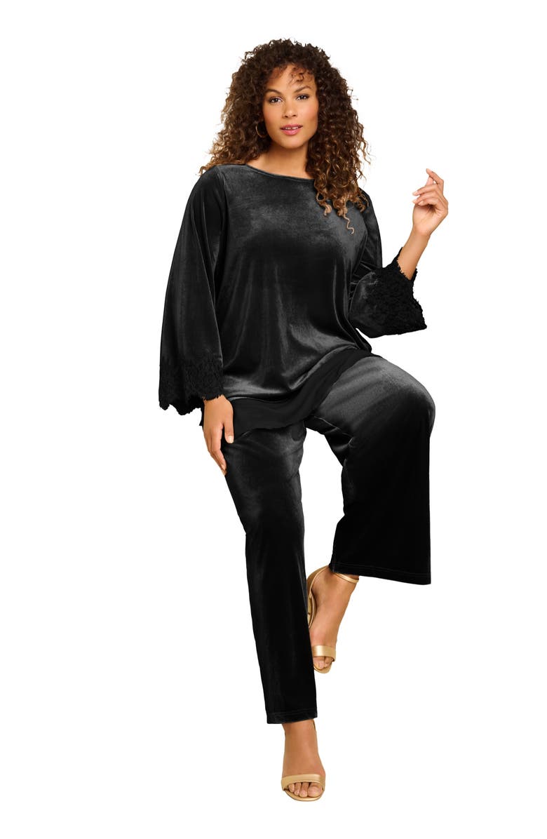 Roaman's Lace-Trim Velour Tunic, Main, color, Black