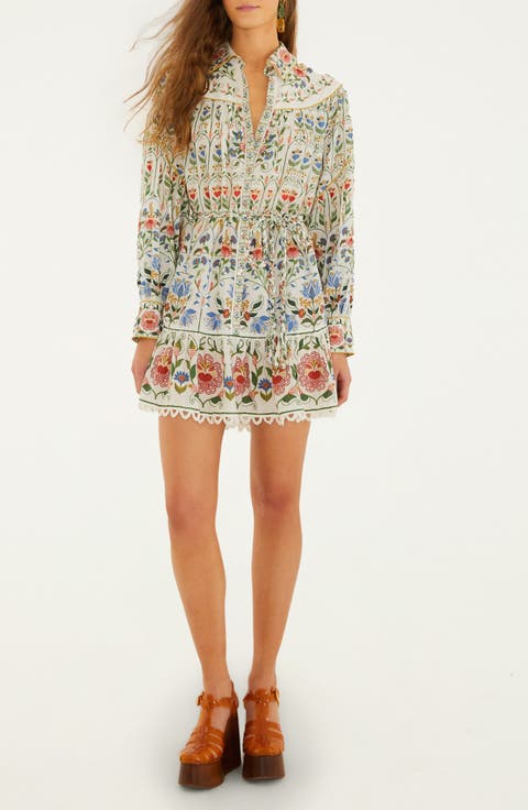 Stitched Garden Long Sleeve Cotton Blend Mini Shirtdress
