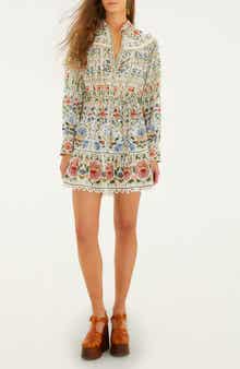 Stitched Garden Long Sleeve Cotton Blend Mini Shirtdress