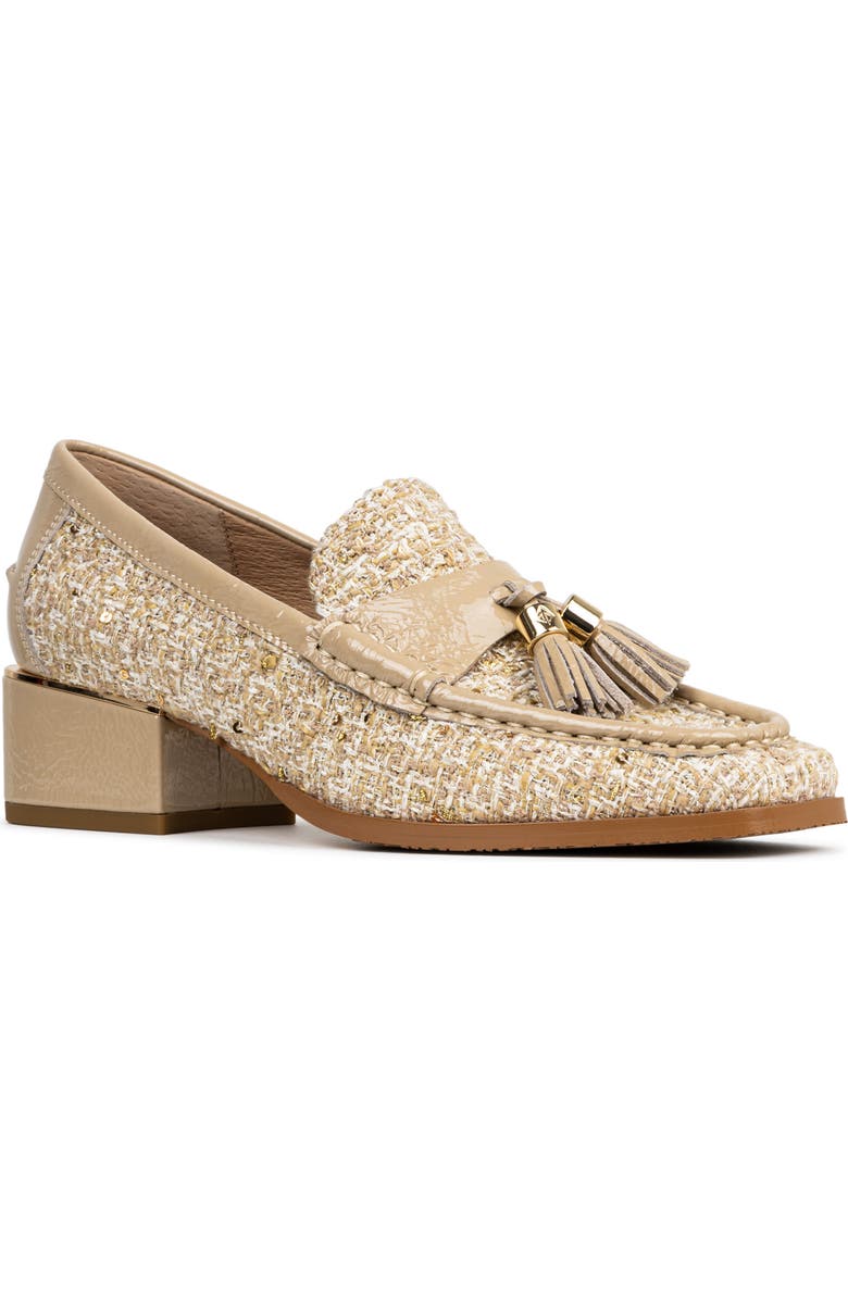 Donald Pliner Tailored Heel Bouclé Loafer, Main, color, Camel