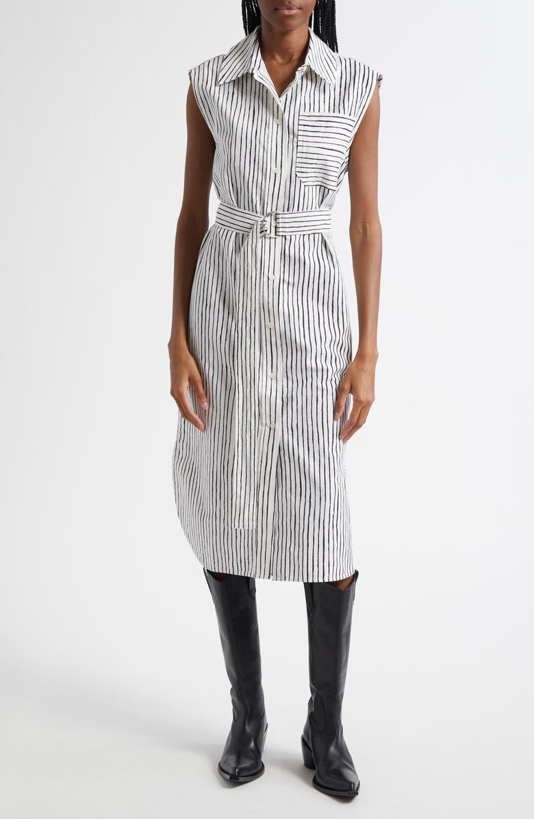 Marimekko Simppeli Aita Stripe Sleeveless Cotton Shirtdress, Main, color, Off White/ Black