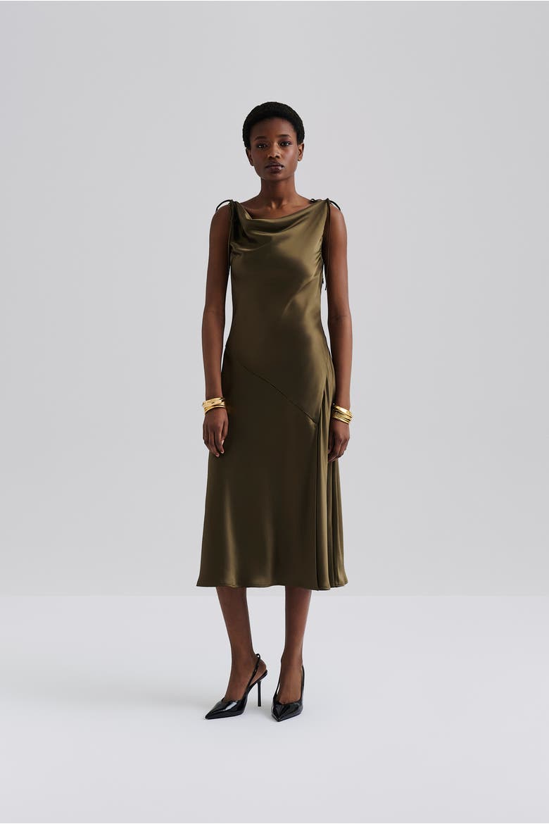 Zarea Tie Satin Midi Dress, Main, color, Olive