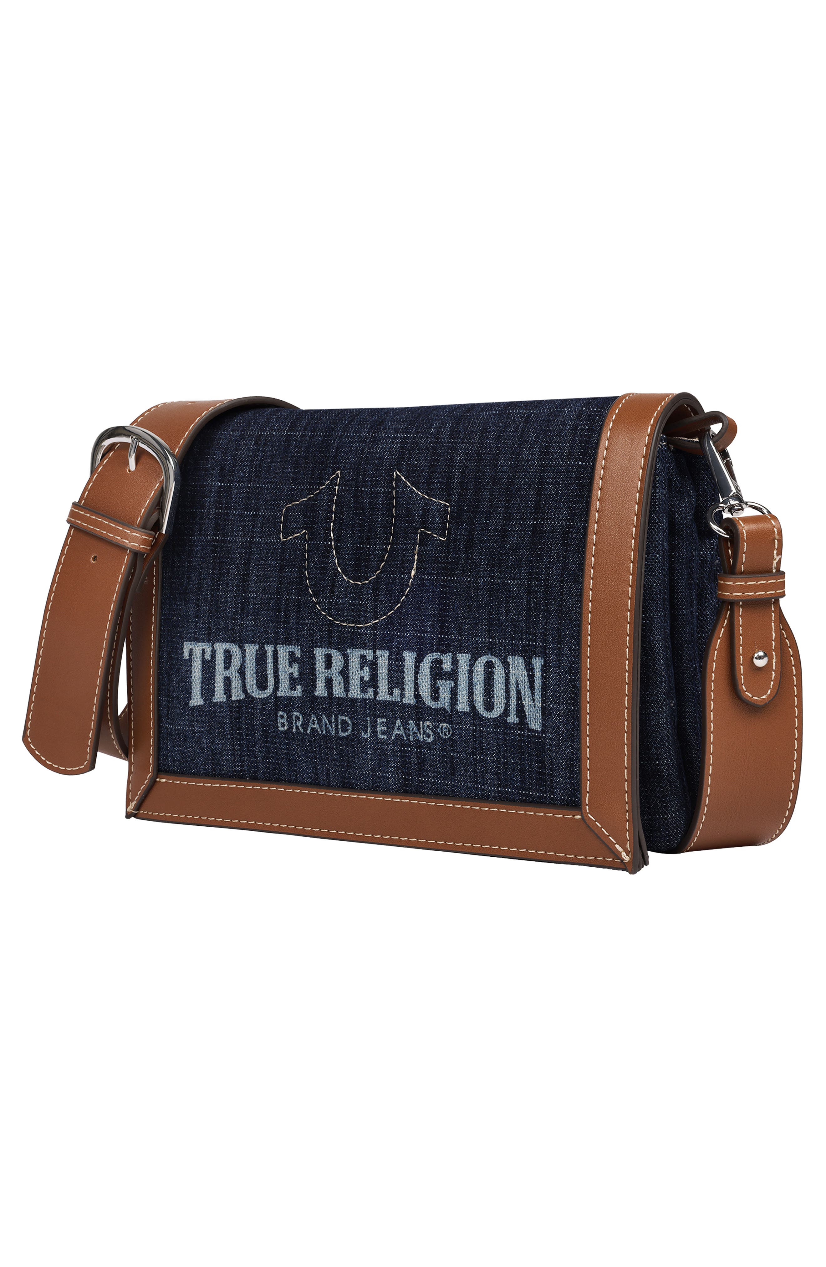 True Religion Logo Saddle Crossbody Bag, Alternate, color, Dark Denim