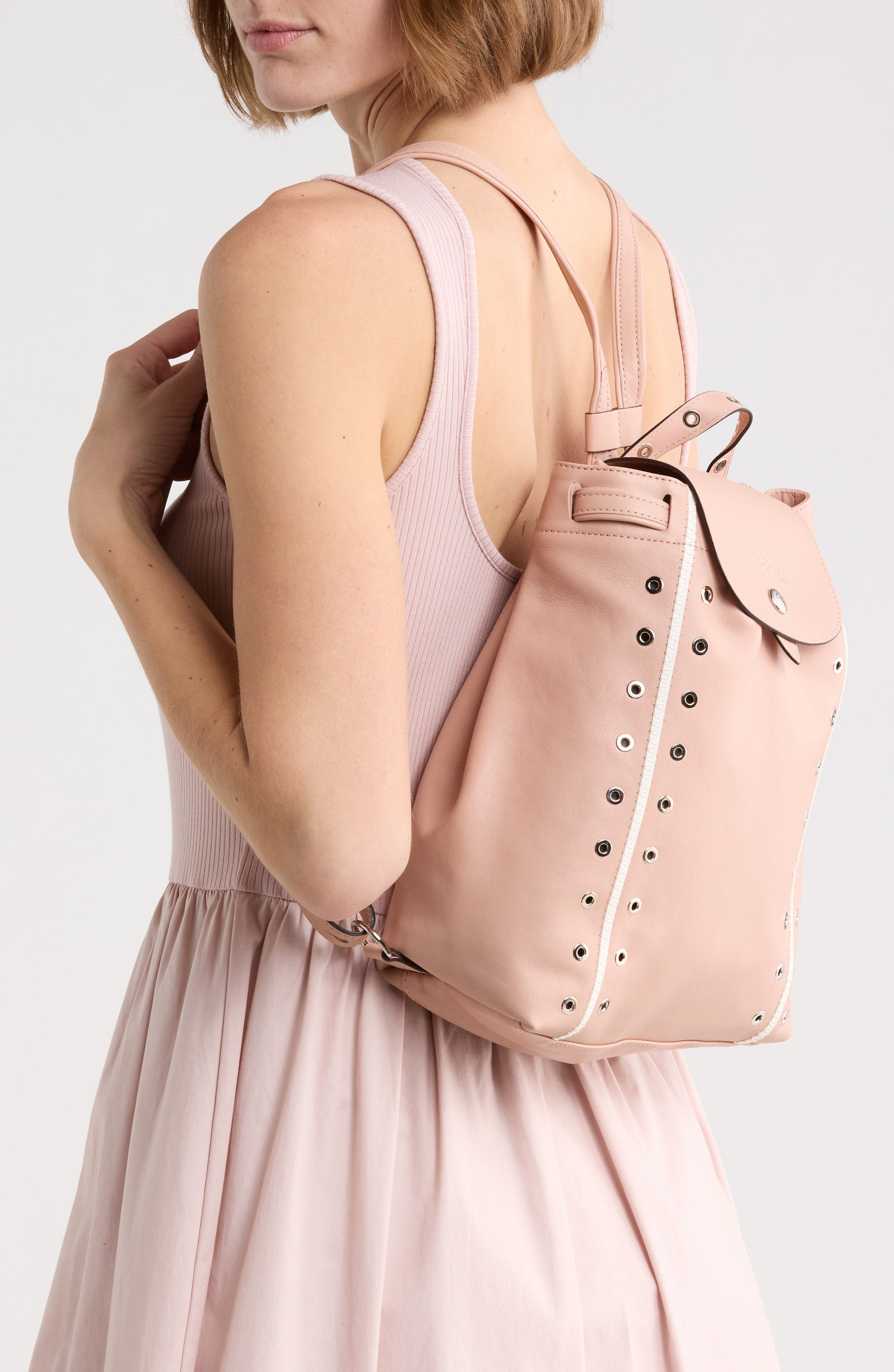 Longchamp Grommet Stud Leather Backpack, Alternate, color, Powder