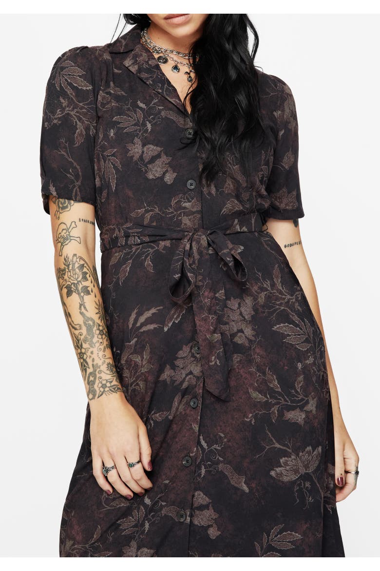 Ashmire Moth Print Tie-Waist Shirt Dress, Alternate, color, Black