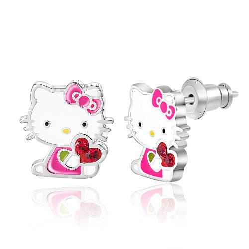 Hello Kitty Silver Plated Crystal Enamel Heart Stud Earrings In Silver