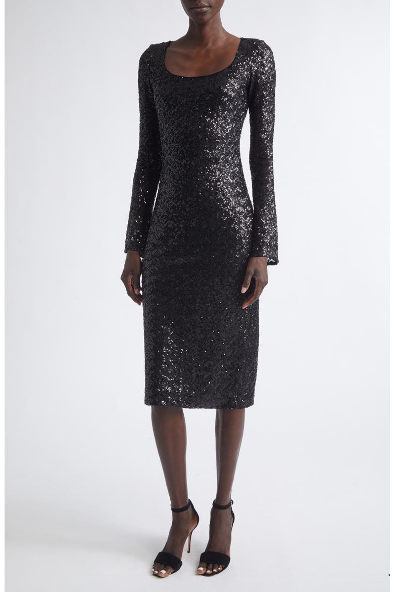 Long Sleeve Sequin Tulle Sheath Dress, Main, color, BLACK