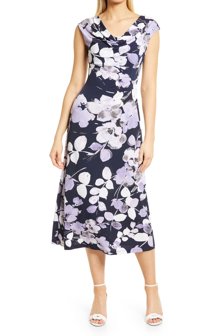 Floral Drape Neck Dress, Main, color, DUSTY LAVENDER