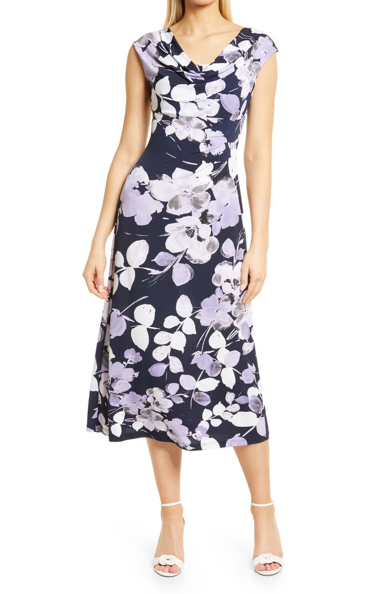 Connected Apparel Floral Drape Neck Dress, Main, color,