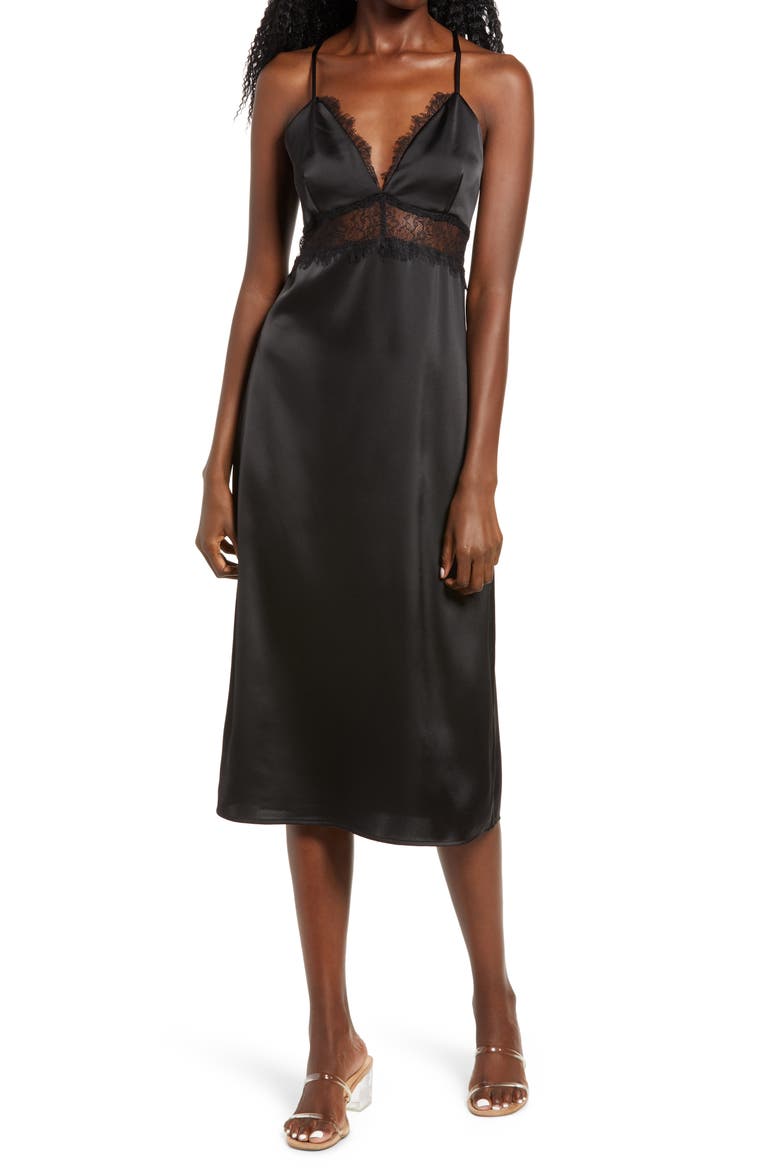 Shari Lace Inset Midi Slipdress, Main, color, BLACK