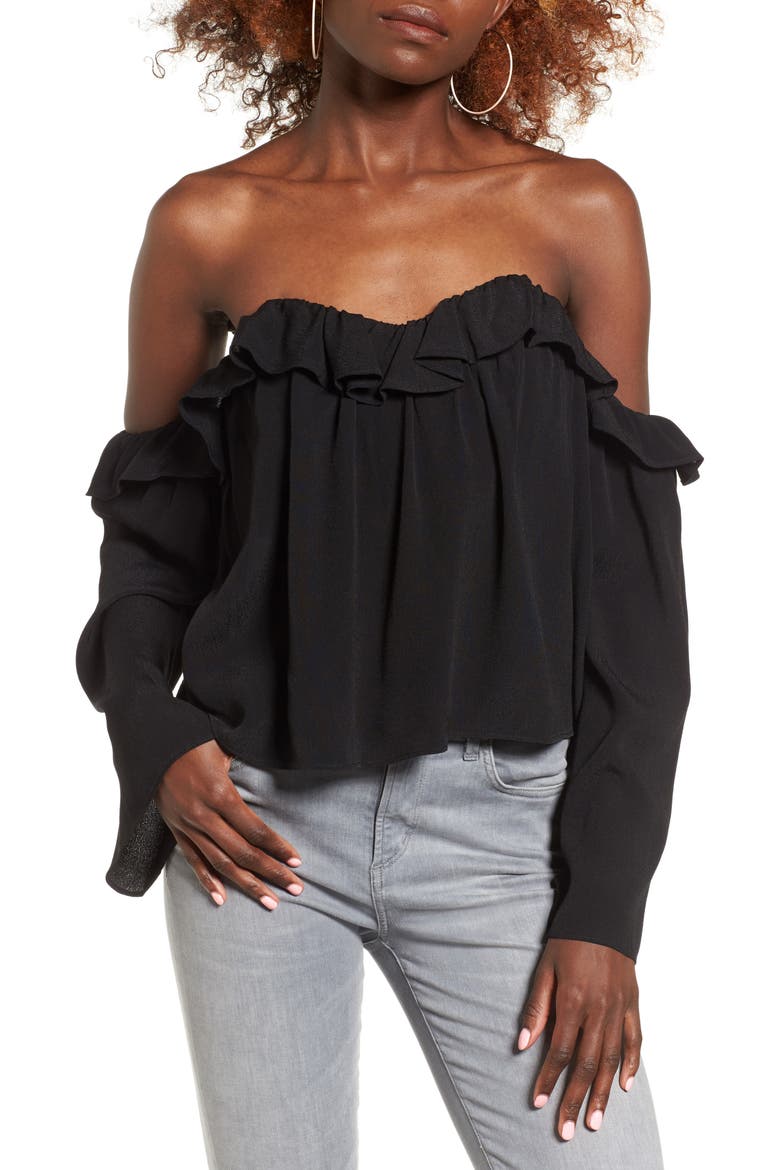 Ruffle Off the Shoulder Blouse, Main, color, BLACK