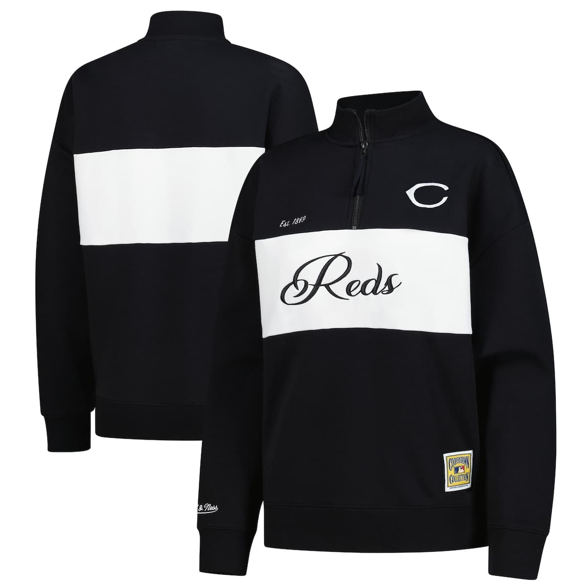Women'sMitchell & Ness Black Cincinnati Reds Quarter-Zip Pullover Top