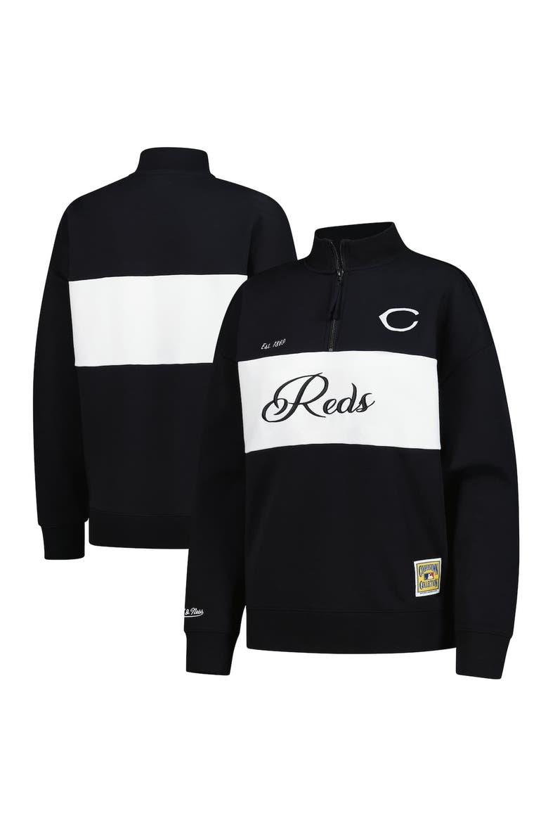 Women's Mitchell & Ness Black Cincinnati Reds Quarter-Zip Pullover Top, Main, color, Black