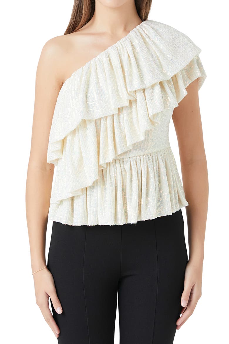 Sequin Ruffle One-Shoulder Peplum Top, Main, color, OPAL