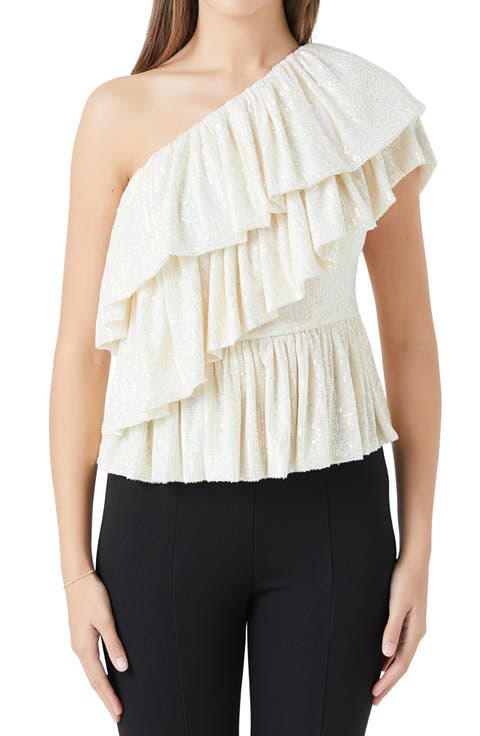 Sequin Ruffle One-Shoulder Peplum Top