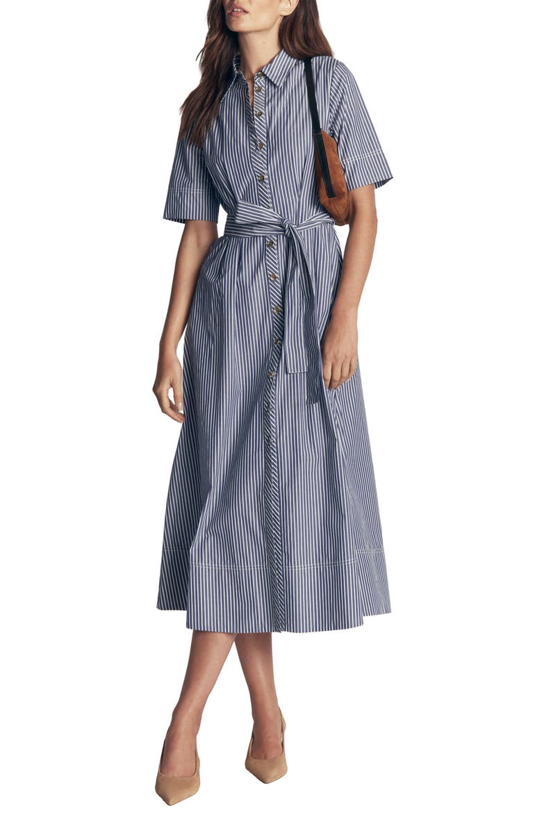 Striped Cotton Midi Shirt Dress, Main, color, NAVY IVORY FINE STRIPE
