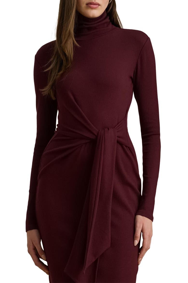 Long Sleeve Turtleneck Tie Front Dress, Alternate, color, BURGUNDY