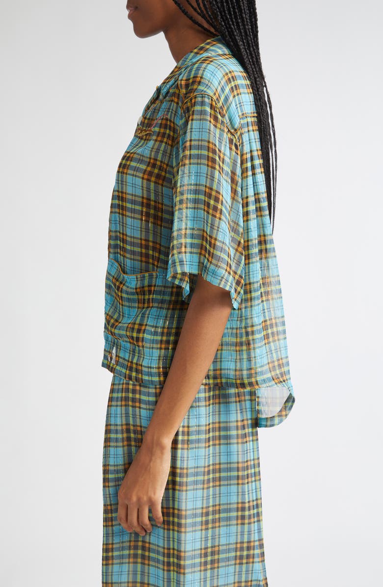 Undercover Metallic Stripe Plaid Silk Blend Camp Shirt, Alternate, color, Blue Check