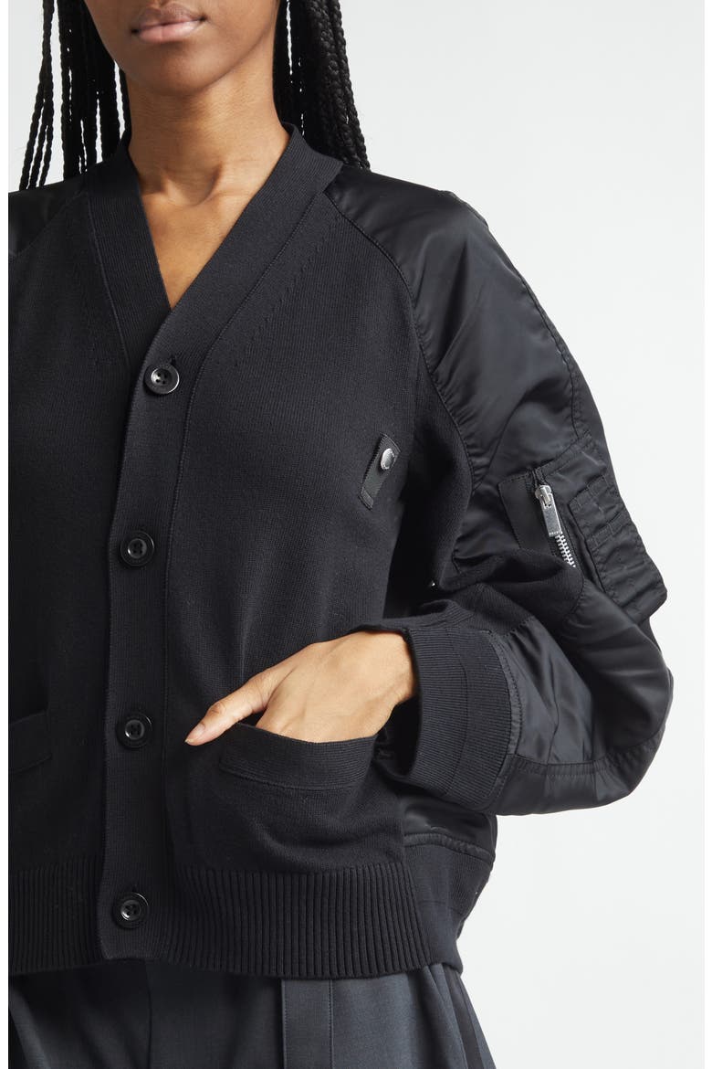 Mixed Media Knit & Nylon Twill Cardigan, Alternate, color, BLACK