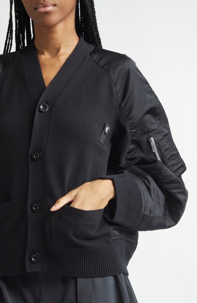 Sacai Mixed Media Knit & Nylon Twill Cardigan, Alternate, color, Black