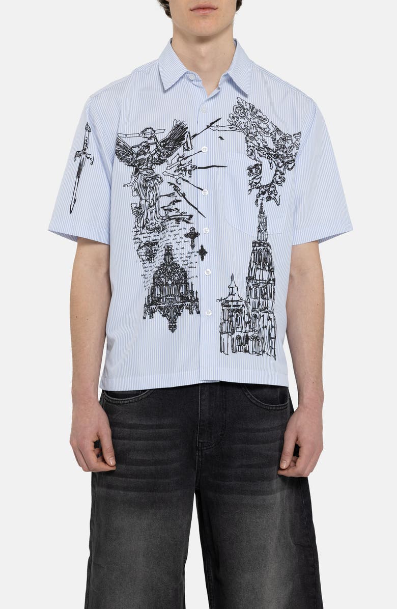 JADED LONDON Pinstripe Sketch Graphic Button-Up Shirt, Main, color, Blue