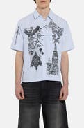 JADED LONDON Pinstripe Sketch Graphic Button-Up Shirt