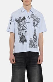 JADED LONDON Pinstripe Sketch Graphic Button-Up Shirt