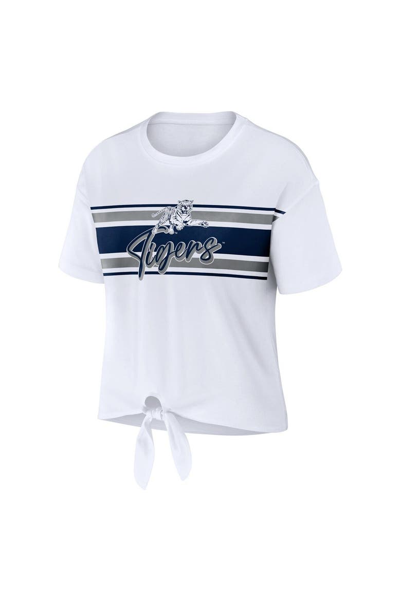 Women's WEAR by Erin Andrews White Jackson State Tigers Striped Front Knot Cropped T-Shirt, Alternate, color, White