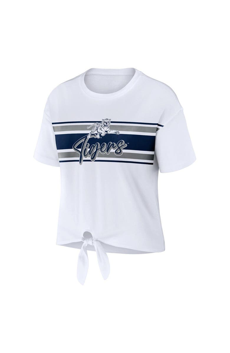 WEAR by Erin Andrews Women's WEAR by Erin Andrews White Jackson State Tigers Striped Front Knot Cropped T-Shirt, Alternate, color, White