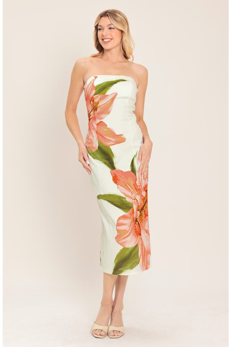 Floral Strapless Stretch Cotton Sheath Dress, Alternate, color, IVORY