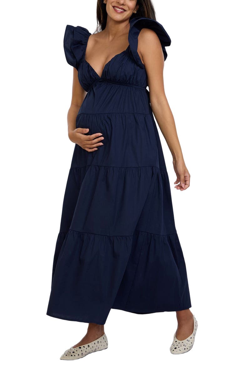 MOTHERHOOD MATERNITY Ruffle Sleeve Tie-Back Maternity Maxi Dress, Alternate, color, Navy Blazer