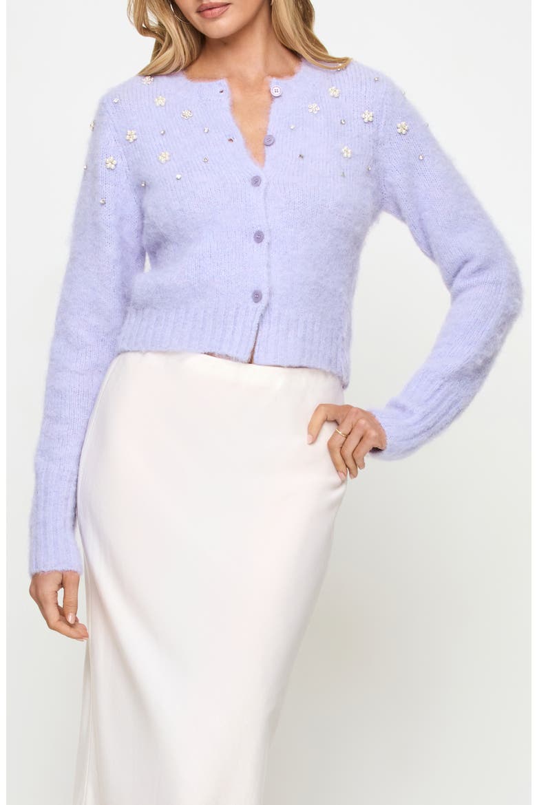 Brynn Rhinestone Embellished Cardigan, Main, color, LAVENDER ICE