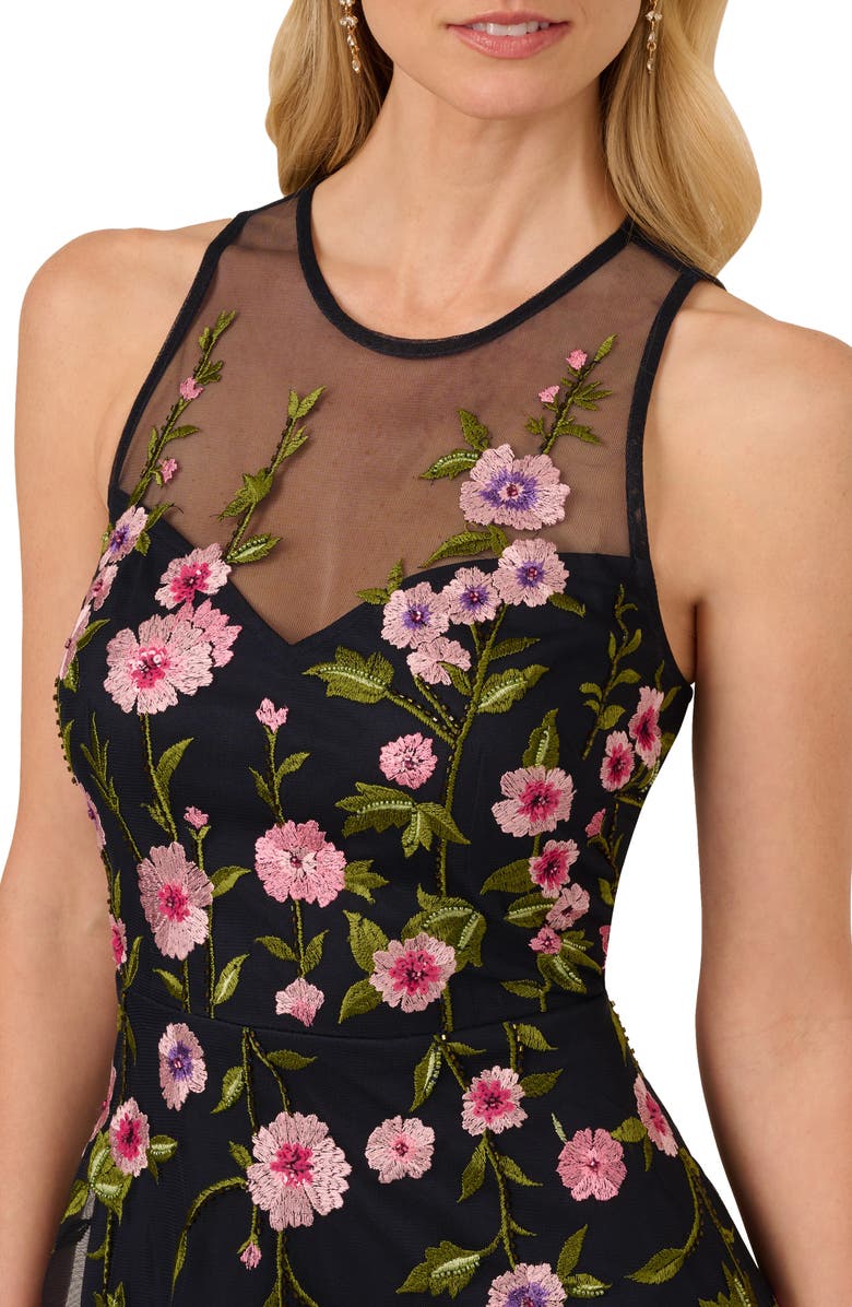 Adrianna Papell Floral Embroidered High-Low Midi Dress, Alternate, color, Midnight Multi